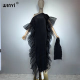 WINYI Solid Color Pleated Elastic Slim Dress Beach Wear Kaftan Abaya Dubai Luxury Party Dress Evening Dress Abaya Muslim Woman