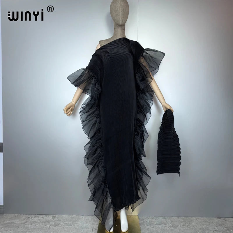 WINYI Solid Color Pleated Elastic Slim Dress Beach Wear Kaftan Abaya Dubai Luxury Party Dress Evening Dress Abaya Muslim Woman