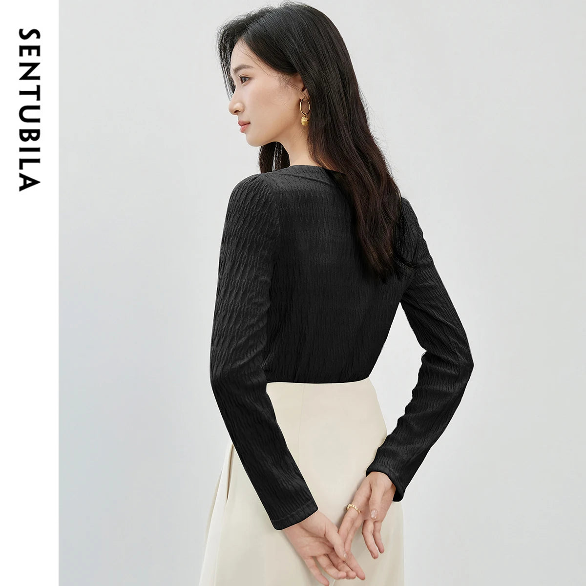 SENTUBILA Slash Neck T-shirt for Women's 2026 Spring Solid Casual Straight Knitted Long Sleeve Simple Tops Female 151T57497