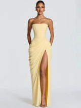 Mozision Chiffon Off-shoulder Strapless Sexy Maxi Dress Women Elegant Sleeveless Backless High Split Ruched Club Party Dress