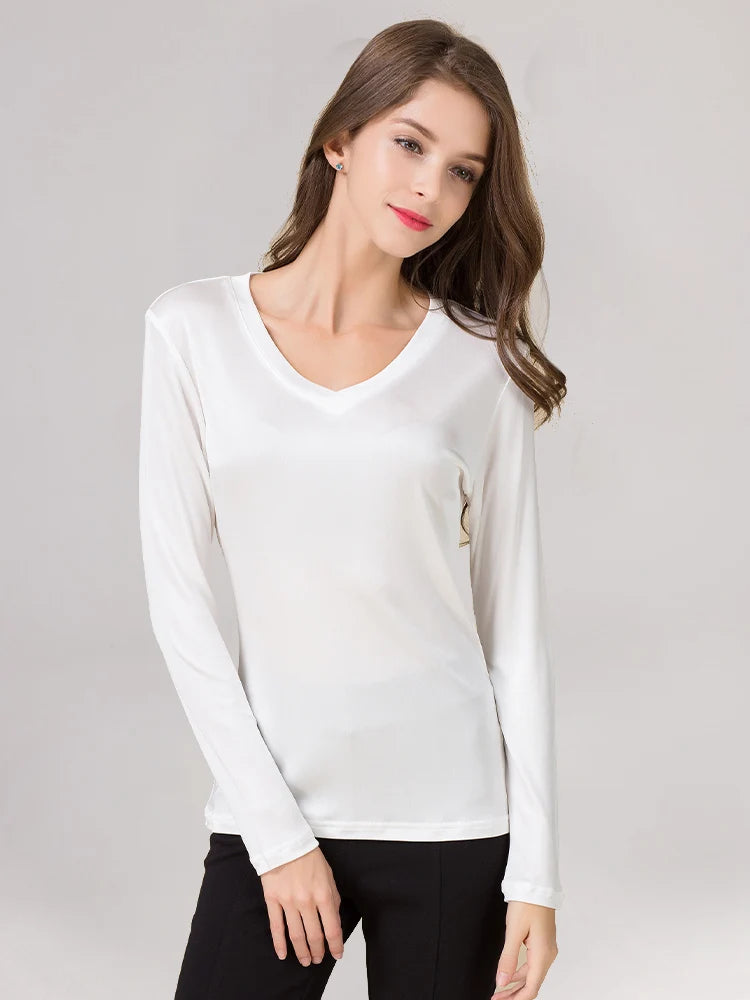 SuyaDream Women's Natural Silk Long Sleeve T-shirt V-Neck Solid Basic Top in Pink Blue Purple - Bottoming Shirt