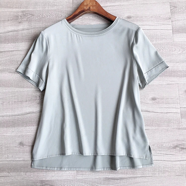 25MM Heavy plain crepe satin silk short-sleeved T-shirt 2021 summer new small loose 4XL solid color mulberry silk top shirt