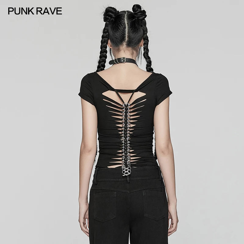 PUNK RAVE Punk Girls Club Hollow-out Summer Black Slim Skull Print T-Shirt Gothic Popular Visual Kei Sexy Cotton Tees Top