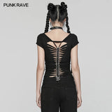 PUNK RAVE Punk Girls Club Hollow-out Summer Black Slim Skull Print T-Shirt Gothic Popular Visual Kei Sexy Cotton Tees Top