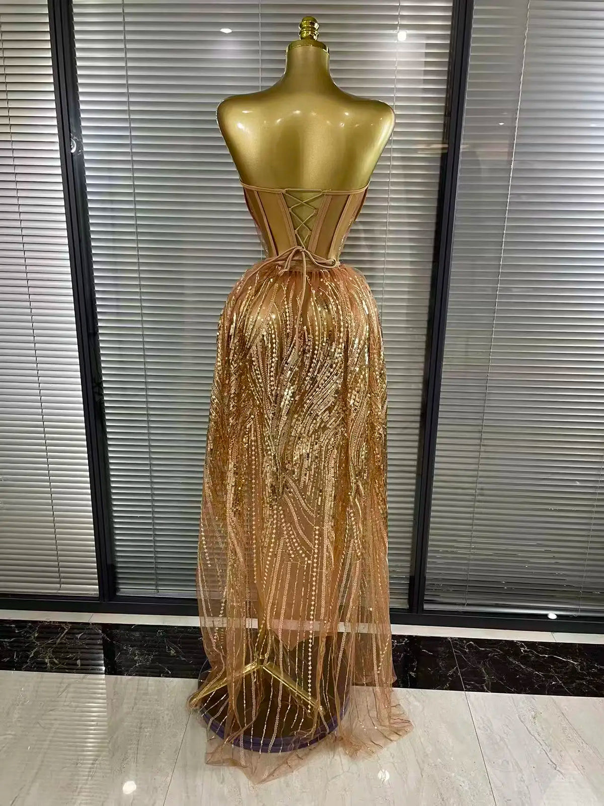 Women Sexy Strapless Mesh Crystal Maxi Dress See Through Party Singer Maxi Dress Stage Performance Costume