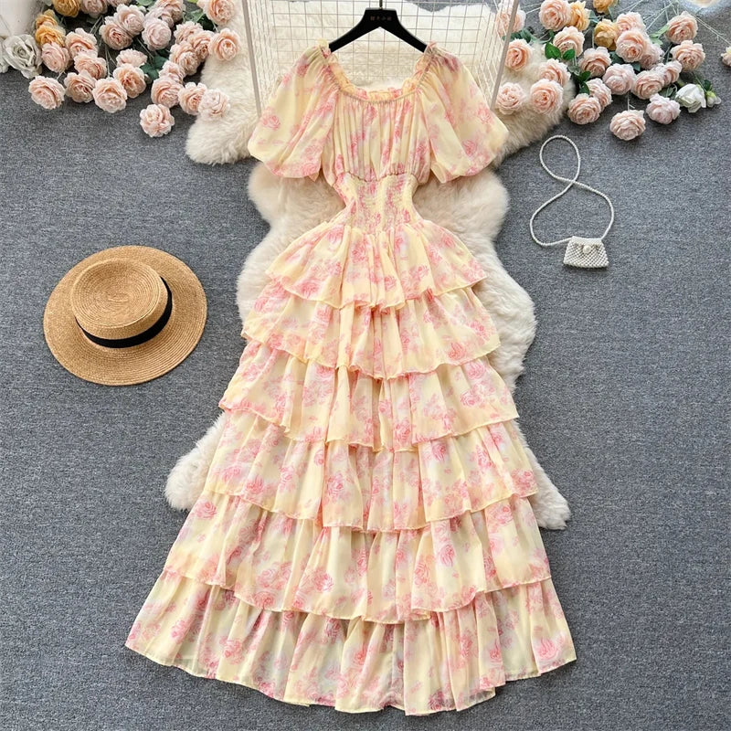 Ladies Party Vestidos 2026 Spring Autumn Retro Bubble Sleeves Lady Birthday Cake Dress High-end Korean Version Women's Dress