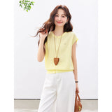 VIMLY Women's Casual Knit Short Sleeve T-shirt 2026 Summer New Blue Crew Neck Button Down Flutter Sleeve Minimalist Top 30935