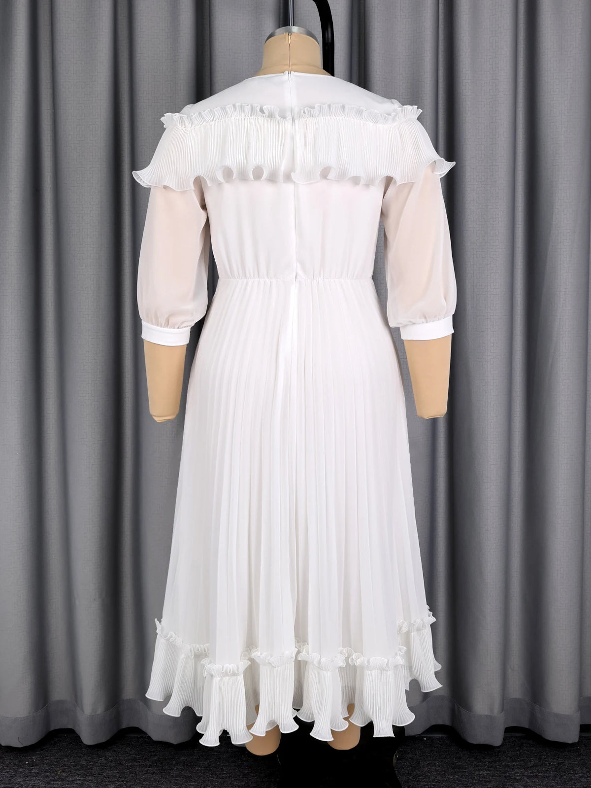 Women A Line Pleated Chiffon Dress V Neck Puff Sleeves Beading Ruffles Waist Belt Fashion African Female Evening Party Gown