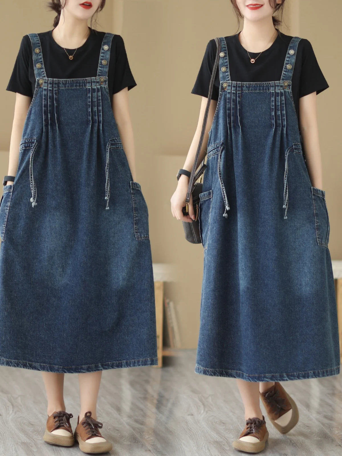 Retro Blue Denim ter Dr Women's Summer Dstring Waist Cinching Slimming Strap Dr Ele Lady Sle A-Line Midi Dr