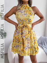 Msfilia Spring Summer Sexy Leopard Print Ruffled Dress Women Sleeveless Lace Up A Line Halter Neck Mini Dress
