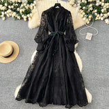 High-End Women's Dress Heavy Embroidery A-Line Long Skirt V-Neck Lantern Sleeve Single Button High Waist Korean Style Commute