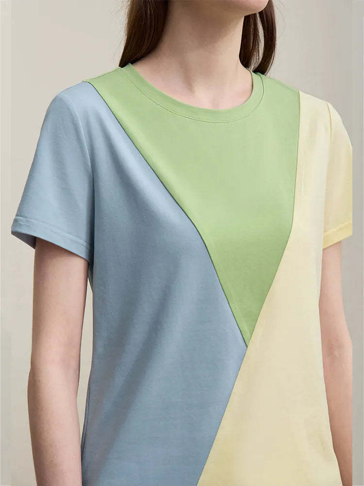 Amii O-Neck Women's T-Shirt 2026 Summer New Stretch Cotton Tee Color Block Versatile Casual Straight Short Sleeve Tops 12622177