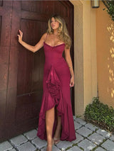 Wemon Low Neck Slim Sleeveless Elegant Vestidos Retro Solid Flounce Split Long Dresses New Summer Evening Party Lady Chic Robes