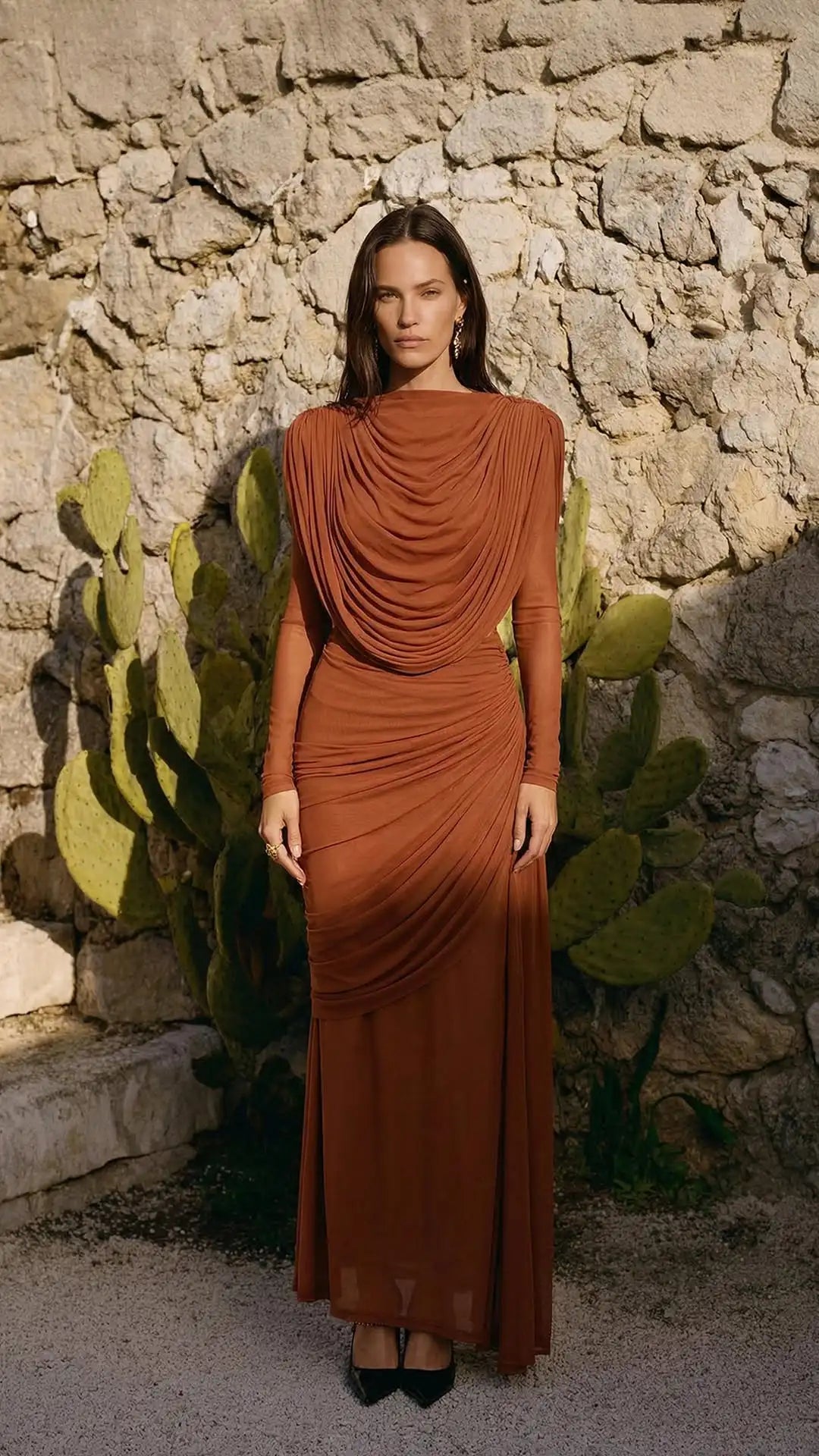 Solid Draped Neckline Long Dress Women Elegant Full Sleeve Cinched-waist Pleated Bodycon Robe 2026 Lady Chic Evening Dinner Gown