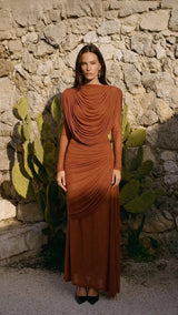 Solid Draped Neckline Long Dress Women Elegant Full Sleeve Cinched-waist Pleated Bodycon Robe 2026 Lady Chic Evening Dinner Gown