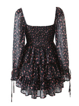 E 2022 Fashion Women Vintage Floral Print Chiffon Dress Sexy Semi-Sheer Long Sleeve Layered Ruffle Ladies Short Dress