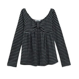 Korean Retro Bow Pleated Casual Long-sleeved T-shirt Women 2026 Spring New High Street Contrast Color Striped Tops