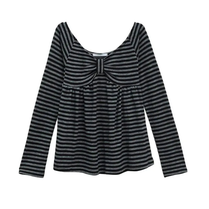 Korean Retro Bow Pleated Casual Long-sleeved T-shirt Women 2026 Spring New High Street Contrast Color Striped Tops