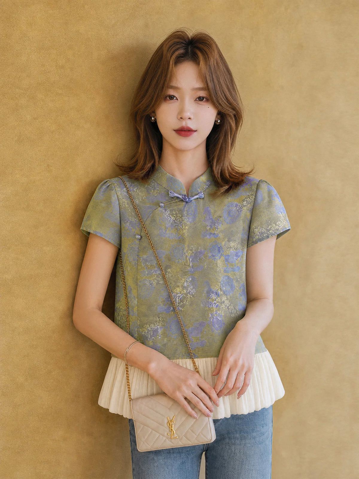 XIAOGULI Women New Chinese Style Chiffon Blouse Ruffled Hem Short Sleeve Shirt National Style Party Elegant Ladies Summer Tops