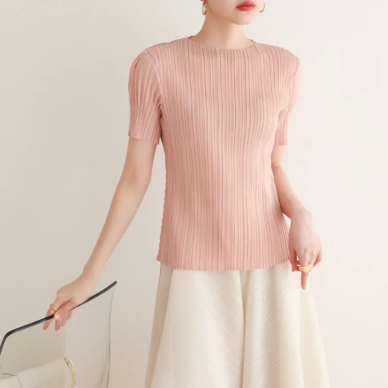 Summer New Pleated Fashion Simple Casual Style Thin T-shirt Temperament Commuting Formal Occasions Commuter Tops