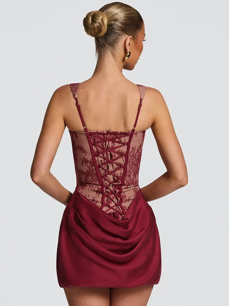 Mozision Lace Corset Mini Dress Women Square Neck Wide Strap Ruched Satin Bodycon Short Dress Club Party Cocktail Vestidos