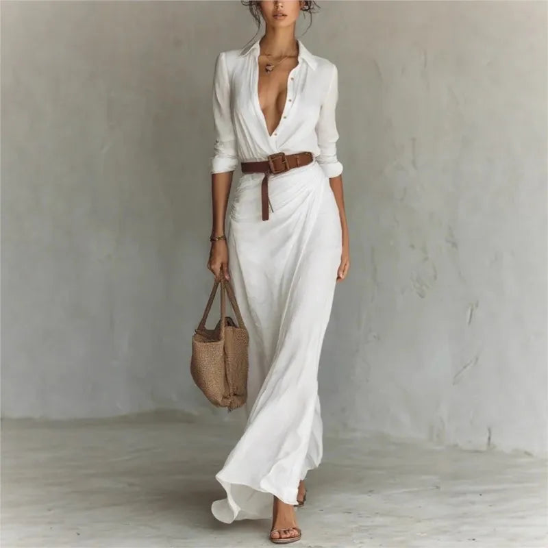 Women's Fashion Solid Holiday Party Dress Elegant Lapel Button Draped Long Dress Casual Long Sleeve Match With Belt Shirt Dress