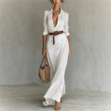 Women's Fashion Solid Holiday Party Dress Elegant Lapel Button Draped Long Dress Casual Long Sleeve Match With Belt Shirt Dress