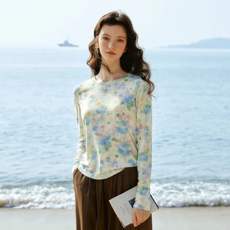 OLrain Women's Spring Mesh T-shirt Romantic Vacation Set-dye Printing Long Sleeve Top 2026 Woman Fashion Clothes O58CT003596