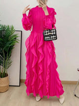 LANMREM Elegant Pleated Dress For Women Stand Collar Puff Sleeves High Stretch Personalized Dresses 2025 Spring New 2Z2817