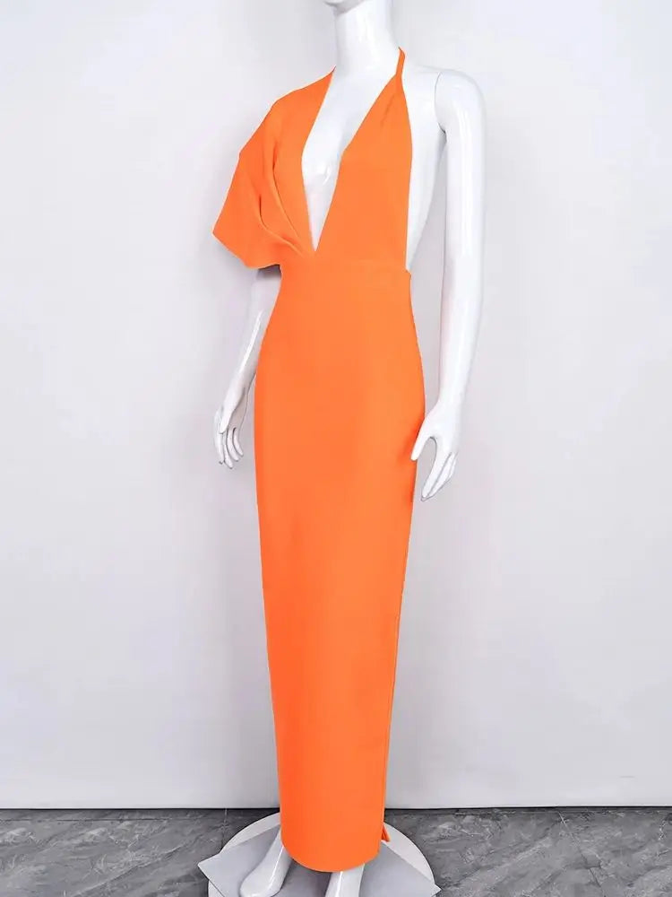 BEAUKEY Luxury Evening Orange HLBandage Dress Drape Maxi XL Asymmetric Sleeve Deep V Neck Sexy Party Stretchy Bodycon Dress