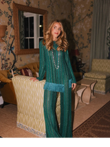 Women Solid Color Long Kaftan Dress Chic Vertical Stripe Print V Neck Fringe Cuff Hem Loose Robe Casual Daily Party Holiday Wear