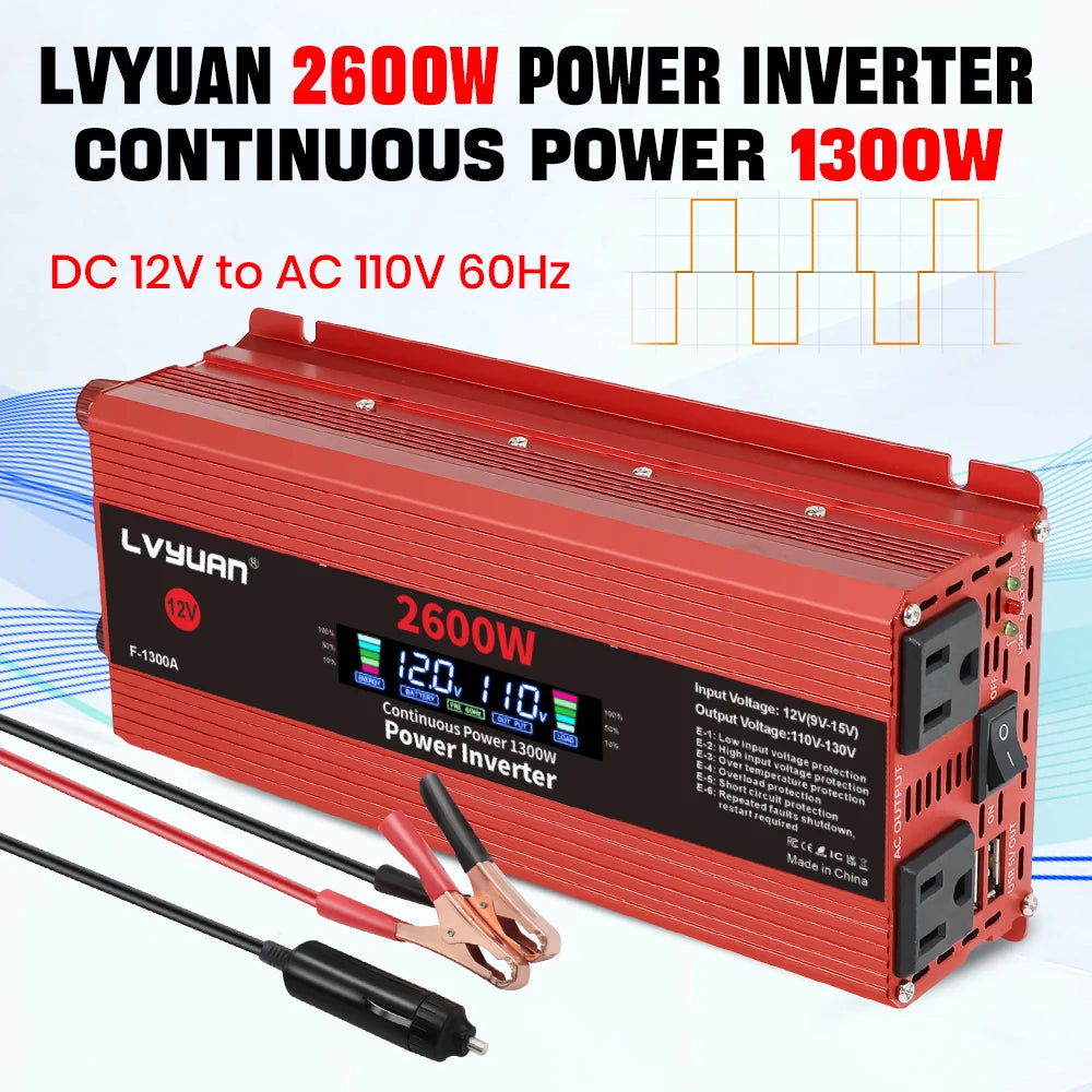 2600W 2000W 1500W Car Inverter 12V 110V Power Inversor Smart LCD Display Power Supply for Outdoor Camera/Phone/Drone Charging