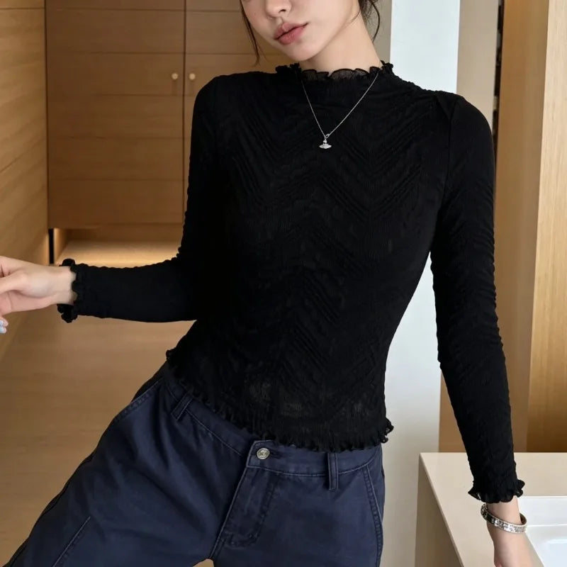 Miyake Pleated T-Shirt Plisse 2026 Slim Fit Long Sleeve Base Fold Shirt Women Autumn Elegant Versatile Inner Layer Pleats Top
