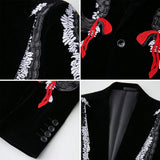 Men Black Velvet Blazer White Floral Embroidery Peak Lapel Red Tassel Slim Fit Jacket Wedding Groom Tuxedo For Party Prom