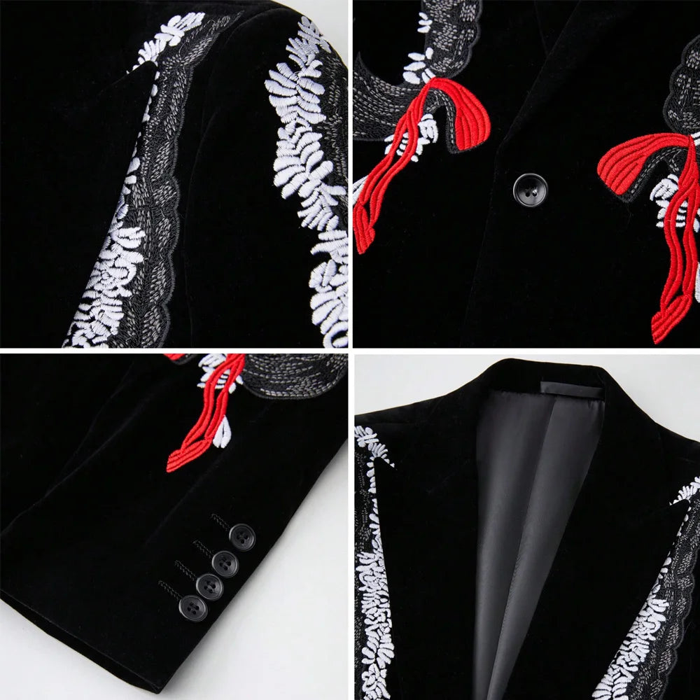 Men Black Velvet Blazer White Floral Embroidery Peak Lapel Red Tassel Slim Fit Jacket Wedding Groom Tuxedo For Party Prom