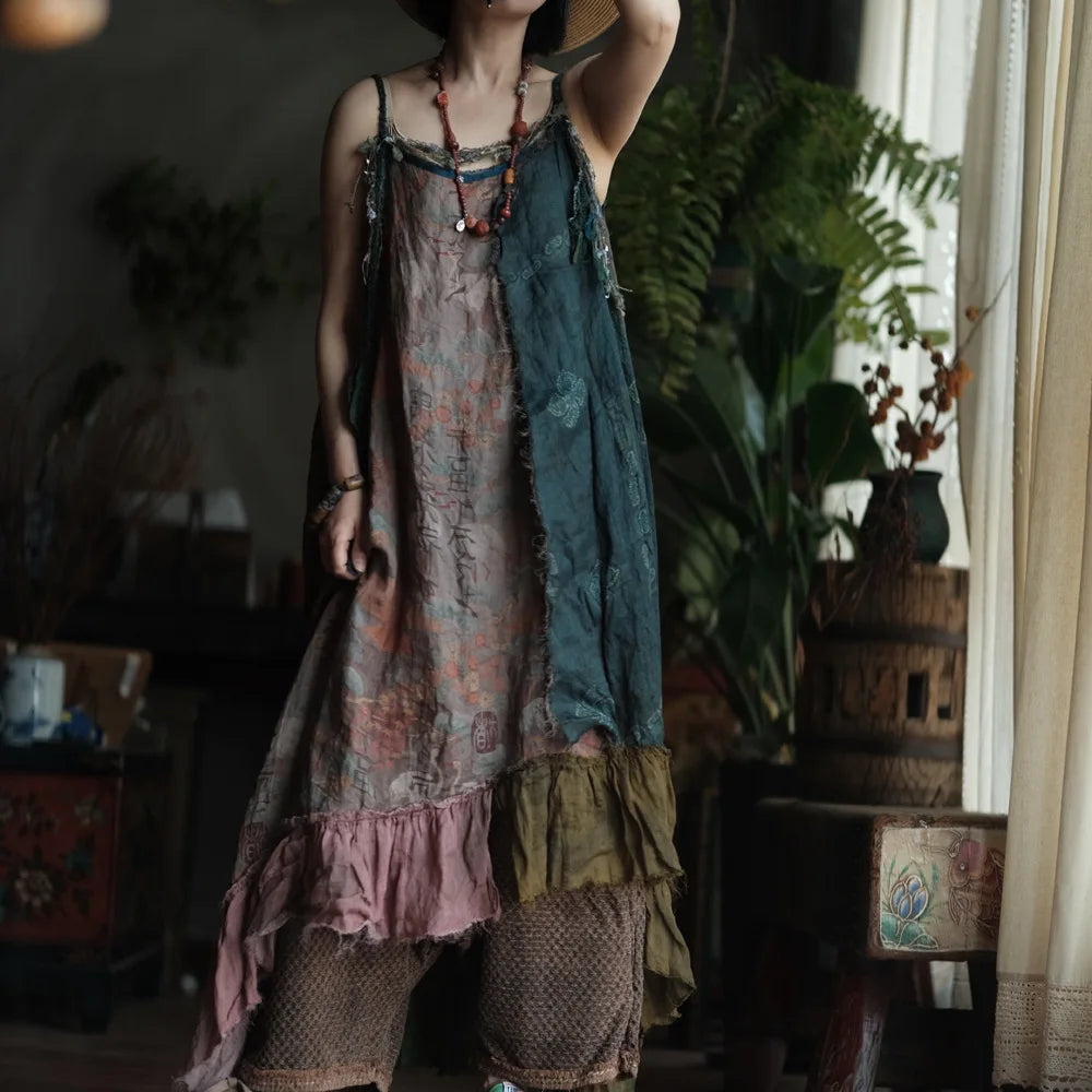 Johnature Women Vintage Ramie Patchwork Dress 2025 Summer New High Quality Print Floral Sleeveless Spaghetti Strap Female Dress