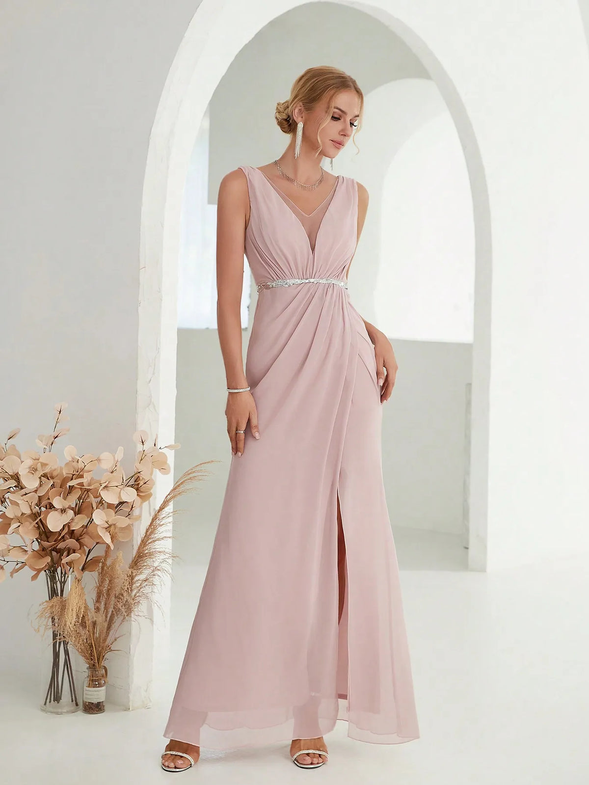 Mgiacy Shoulder deep V-neck silver sequin belt pleated chiffon slit skirt Evening gown Ball dress Party dress Bridesmaid dress