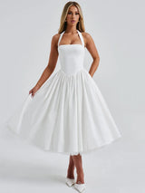 Mozision Halter Backless A-line Club Midi Dress Women Fashion Elegant Square Collar Sleeveless High Waist Party Pleated Dress