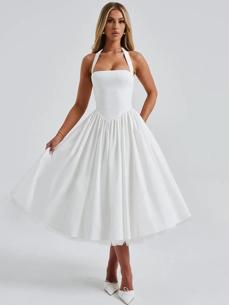 Mozision Halter Backless A-line Club Midi Dress Women Fashion Elegant Square Collar Sleeveless High Waist Party Pleated Dress