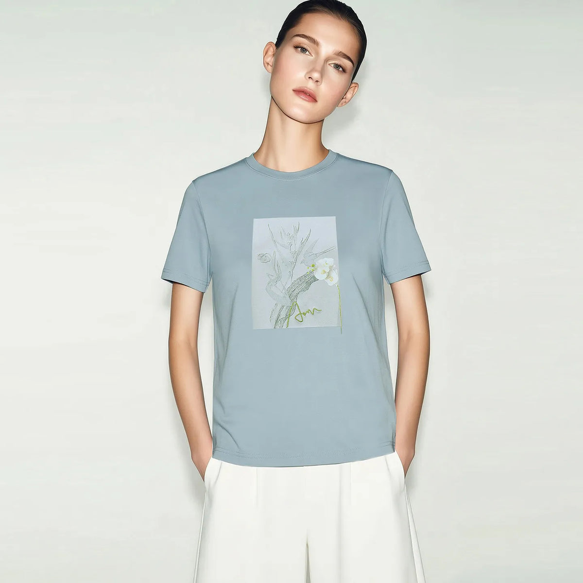 Amii Women's Short Sleeve T-shirt 2026 Summer New Letter Embroidered O-Neck Printed Cotton Stretch T-Shirt Casual Top 12622138