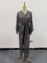 TWOTWINSTYLE Solid Patchwork Pearls Elegant Dresses For Women O Neck Long Sleeve Spliced Bowknot Midi Slimming Dress Female New