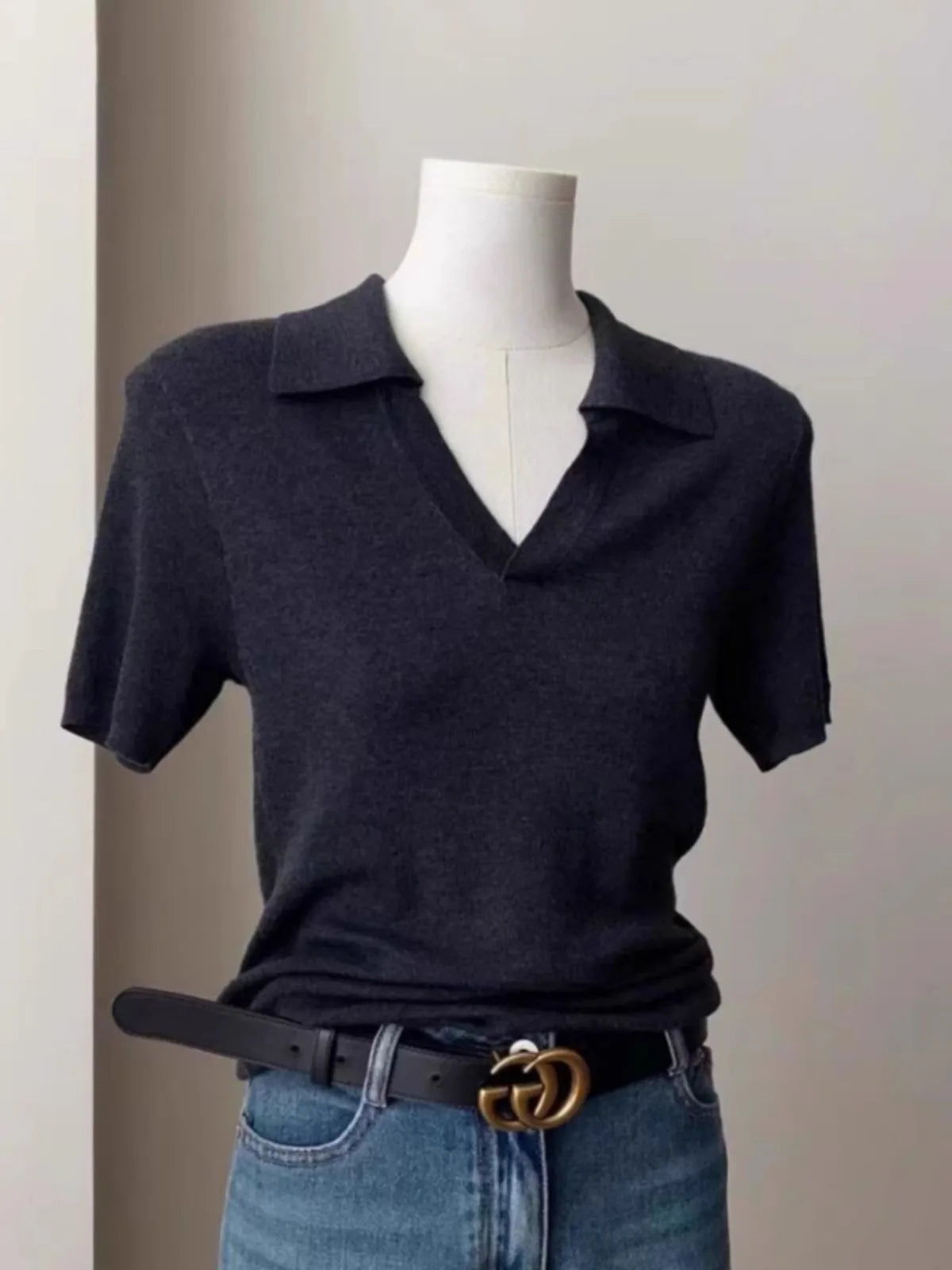 French short shoulder sleeve women's lapel knit top women's spring and summer thin ice silk polo collar of solid color T-shirt