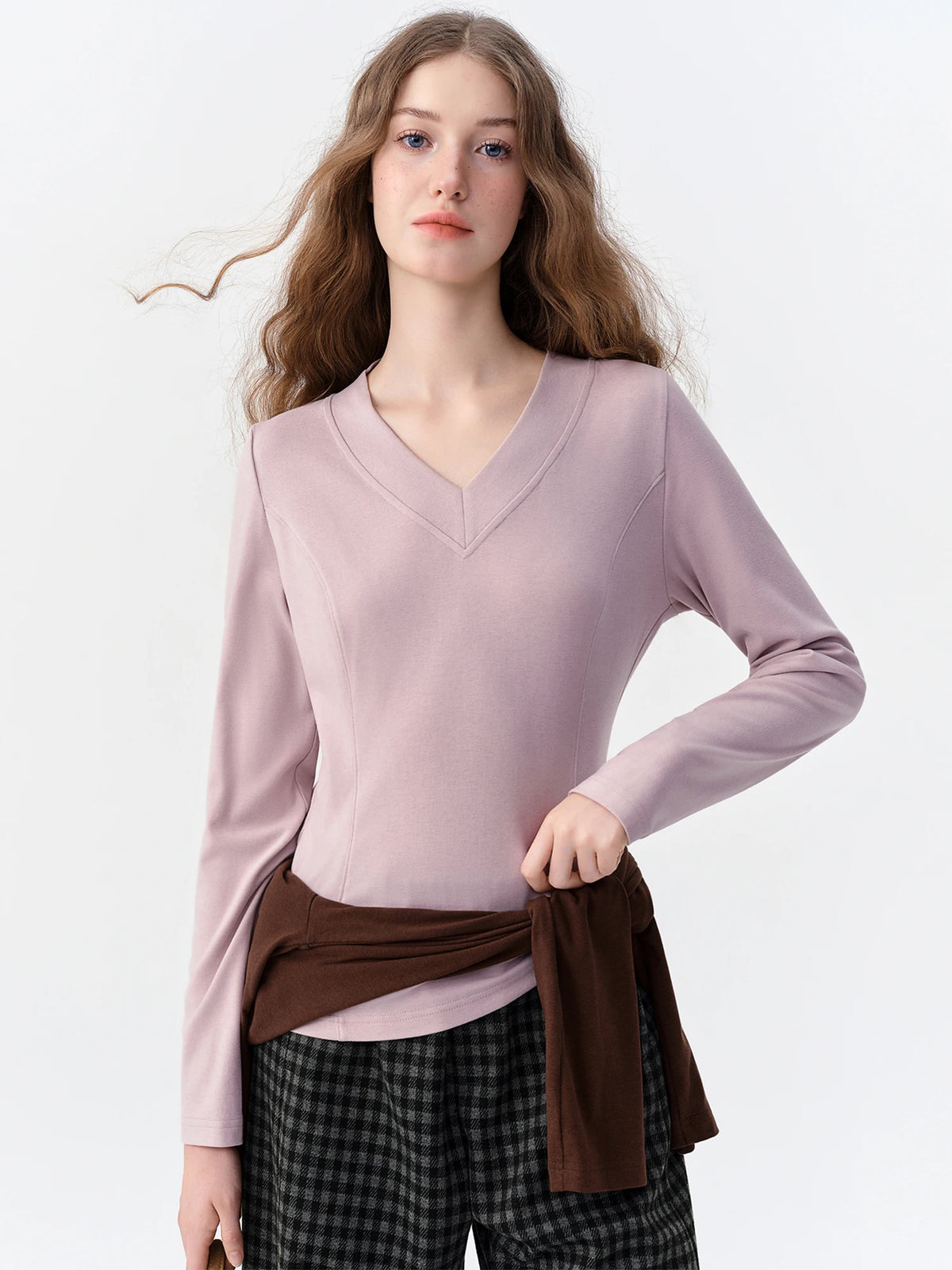 DUSHU Women's V Neck Long Sleeve Soft Blend Slim Knit T-Shirt Solid Color Base Layer Elegant Commute Lightweight Layering Top