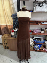 Brown Glitter Chiffon Tiered Maxi Dress Elegant One Shoulder Square Neck Flowy dresses 2026 Summer Formal Wedding Party gowns