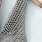 Sexy Women Gray Diamond Dot V Neck Pleated Ruched Halter Dress Backless Slim Low Waist Swing Ball Gown Short Dresses Robe
