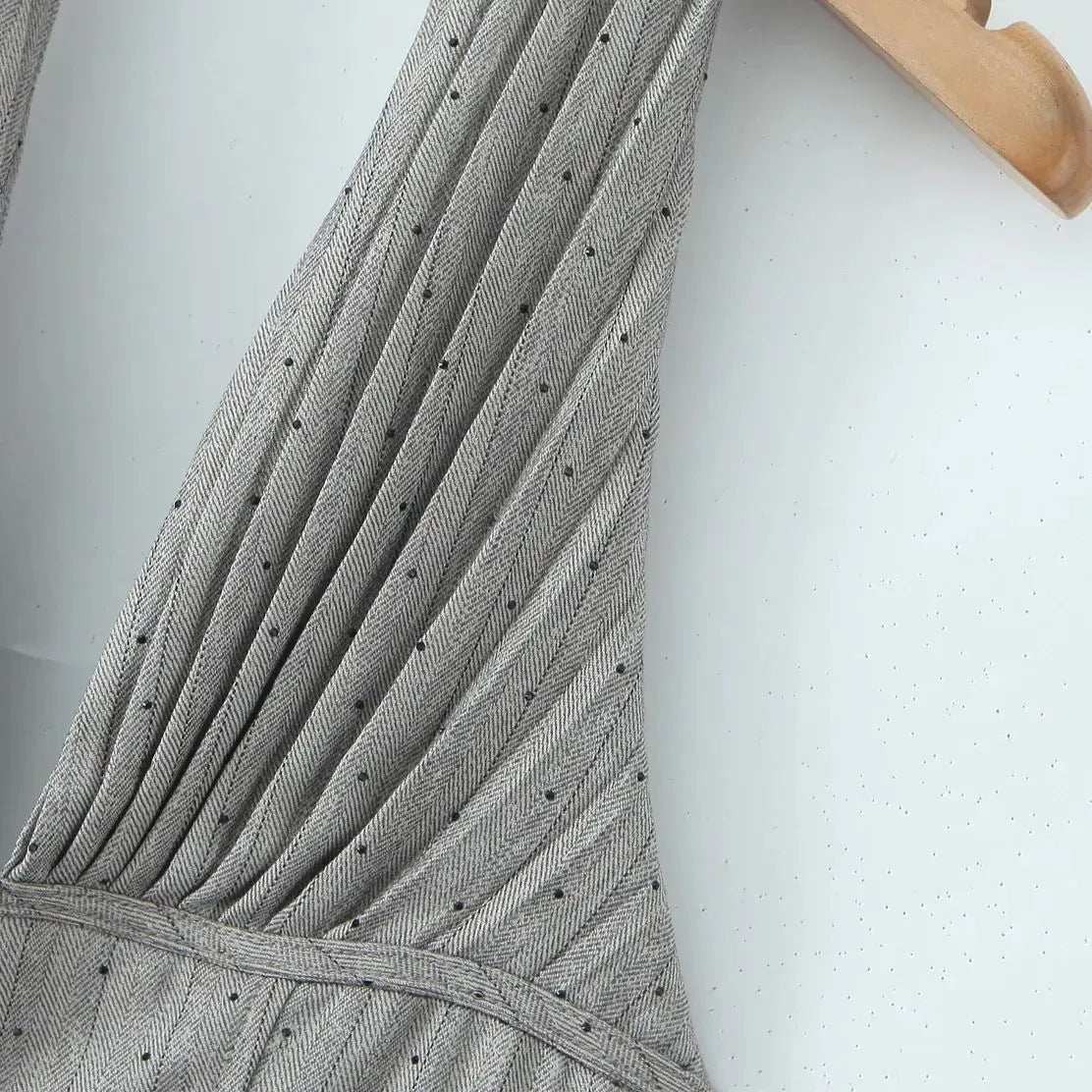 Sexy Women Gray Diamond Dot V Neck Pleated Ruched Halter Dress Backless Slim Low Waist Swing Ball Gown Short Dresses Robe