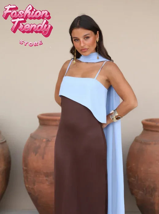 Spaghetti Strap Cape Neck Two Tone Maxi Dress Spaghetti Strap Slimming Sundress 2026 Summer Holiday Chic Ladies Party Vestidos