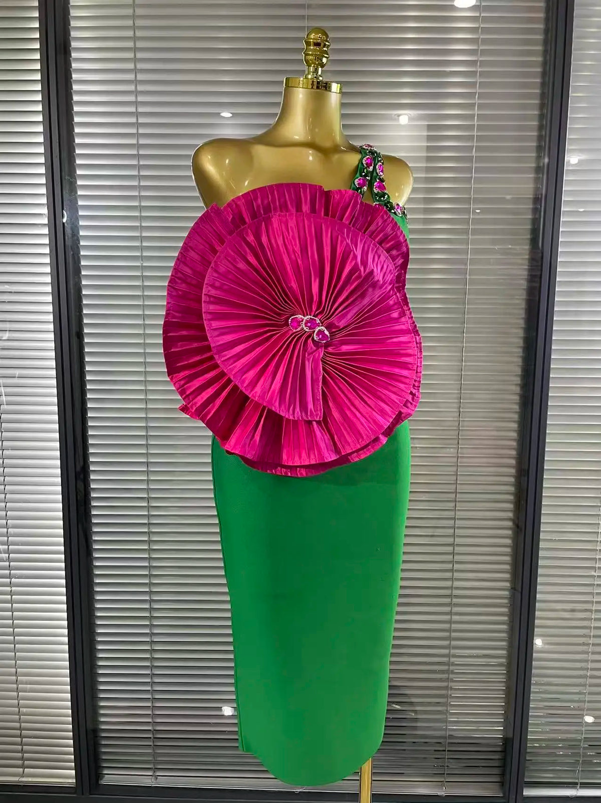 Big Rosered Florals Green Color Women Sexy One Shoulder Sparkly Crystal Bodycon Bandage Mid-calf Dress Celebrate Nightclub Wear