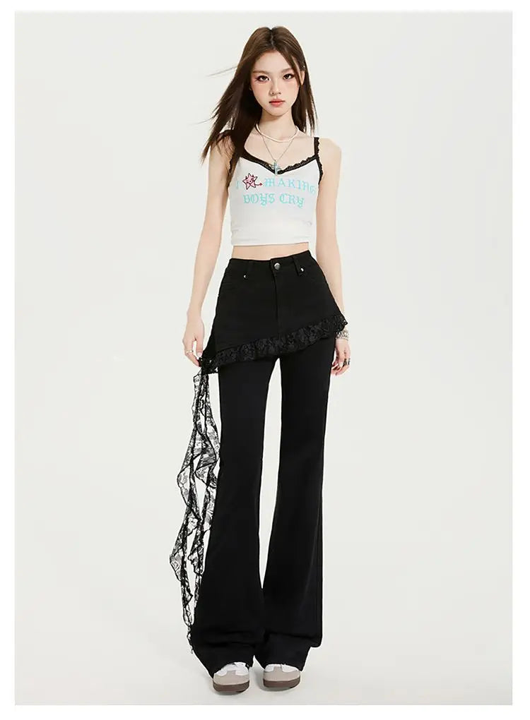 Fake Two Lace Splicing Flared Jeans for Women's Early Autumn 2025 New Style High Waist Denim Pants