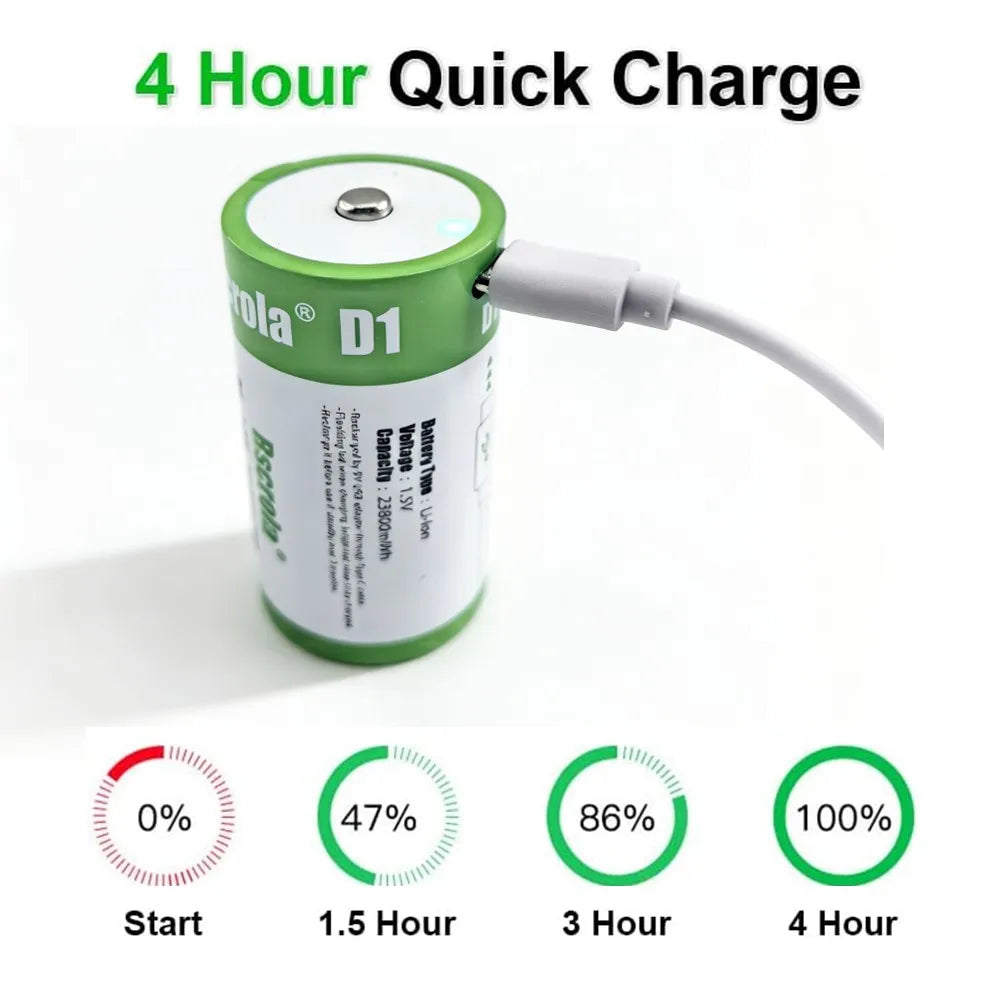 USB D Li-ion Rechargeable Batteries, High Capacity 1.5V 23800mWh Rechargeable D Battery, 4 H Fast Charge with Type C Port Cable